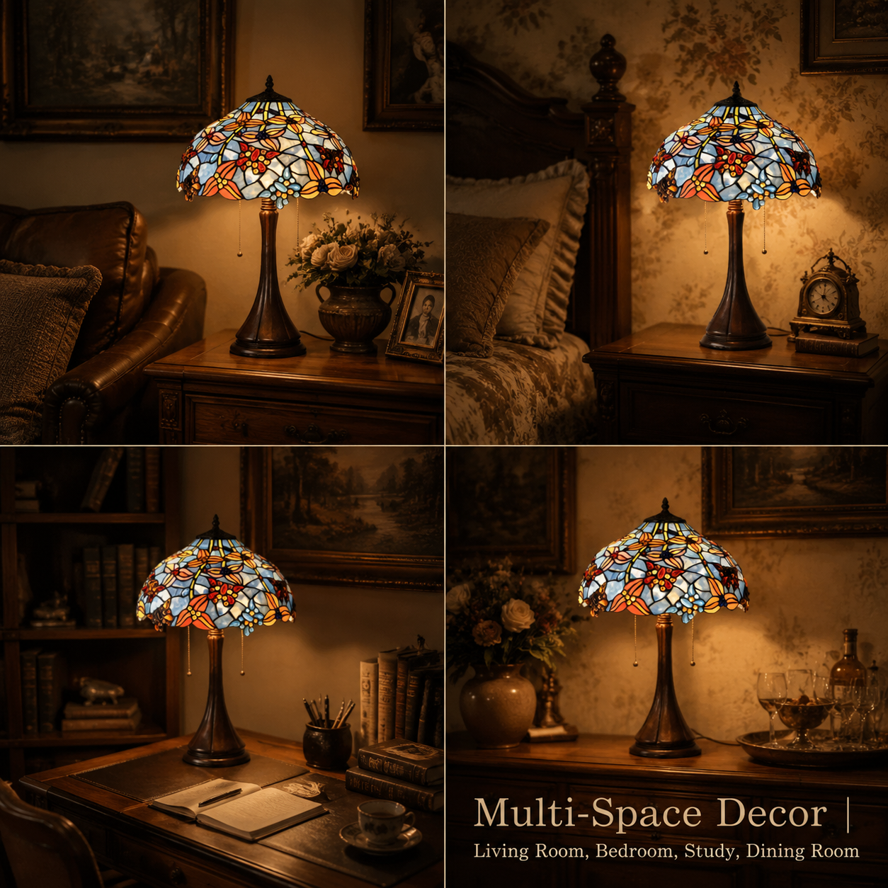 Dragonfly floral Tiffany lamp used as decorative lighting for living room bedroom study and dining spaces