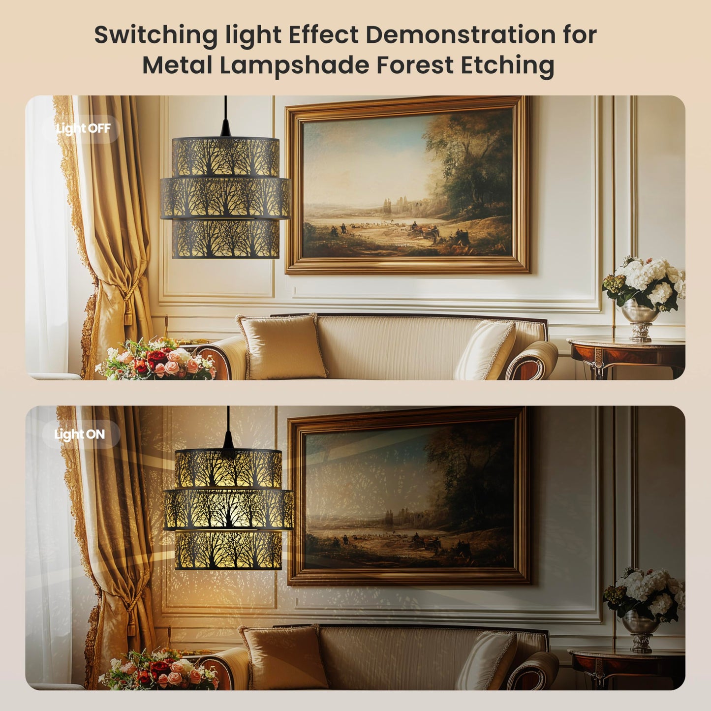Drum metal lampshade used on chandelier fixture providing warm decorative lighting for modern and vintage interior spaces