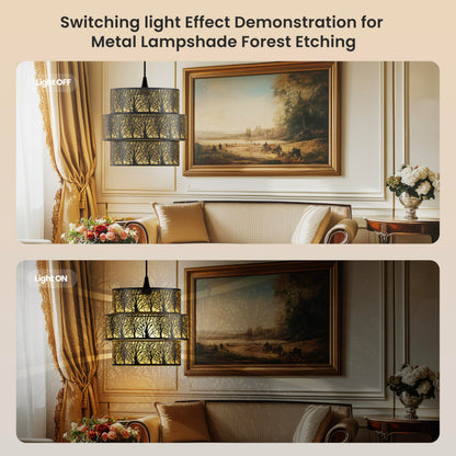 Drum metal lampshade used on chandelier fixture providing warm decorative lighting for modern and vintage interior spaces