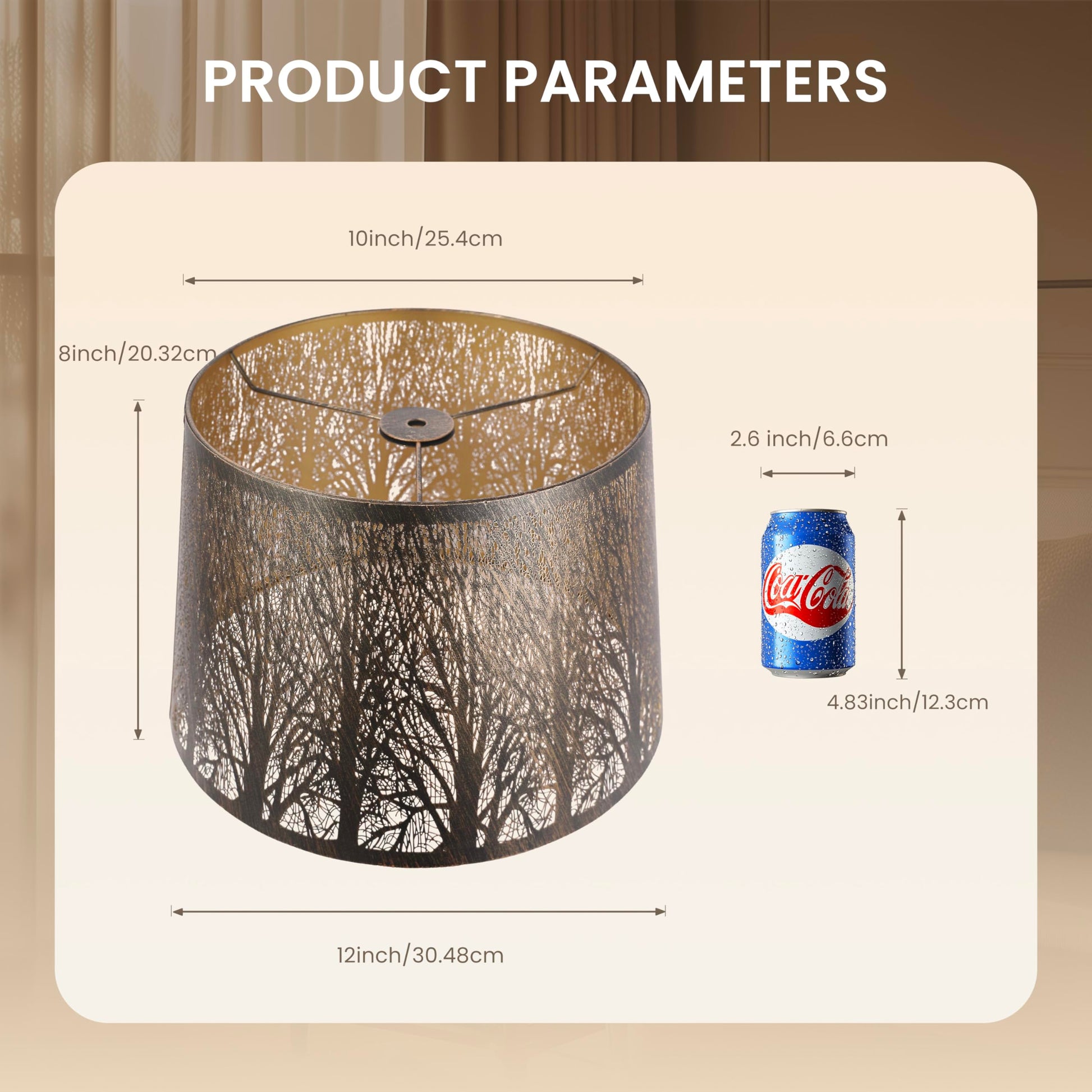 Drum tree etched metal lampshade installed on floor lamp creating warm decorative lighting in living spaces