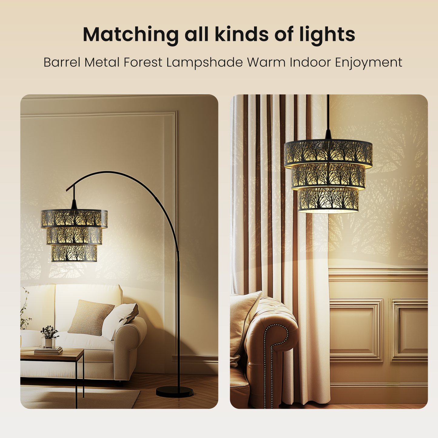 3-tier drum lamp shade producing warm ambient glow with gold interior creating cozy interior lighting atmosphere