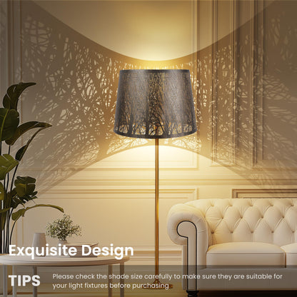 Drum metal lampshade angled view showing cylindrical shape and decorative tree etched design for interior lighting