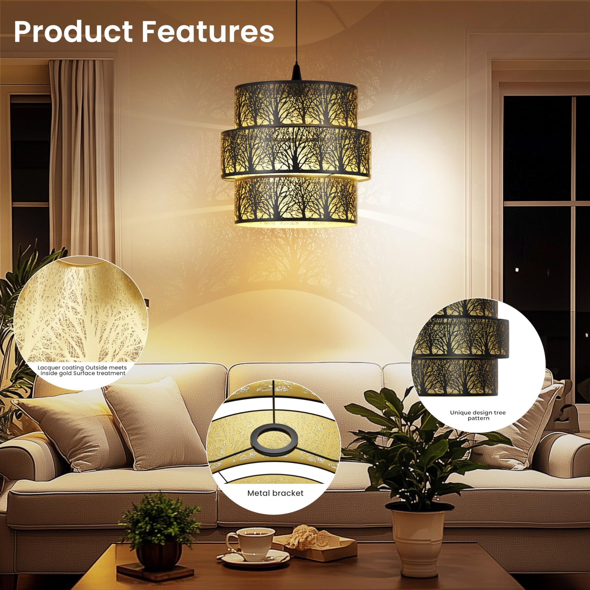 Illuminated 3 tier drum metal lampshade creating warm ambient glow through gold interior for decorative pendant lighting atmosphere