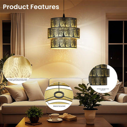 Illuminated 3 tier drum metal lampshade creating warm ambient glow through gold interior for decorative pendant lighting atmosphere