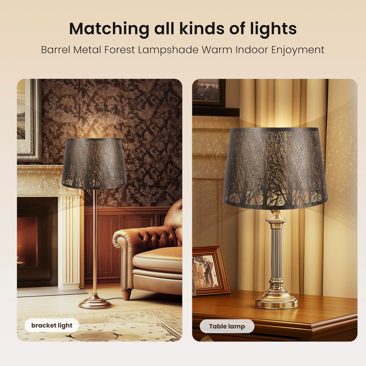 Drum tree etched metal lampshade size reference showing 10 by 12 by 8 inch dimensions for fixture compatibility