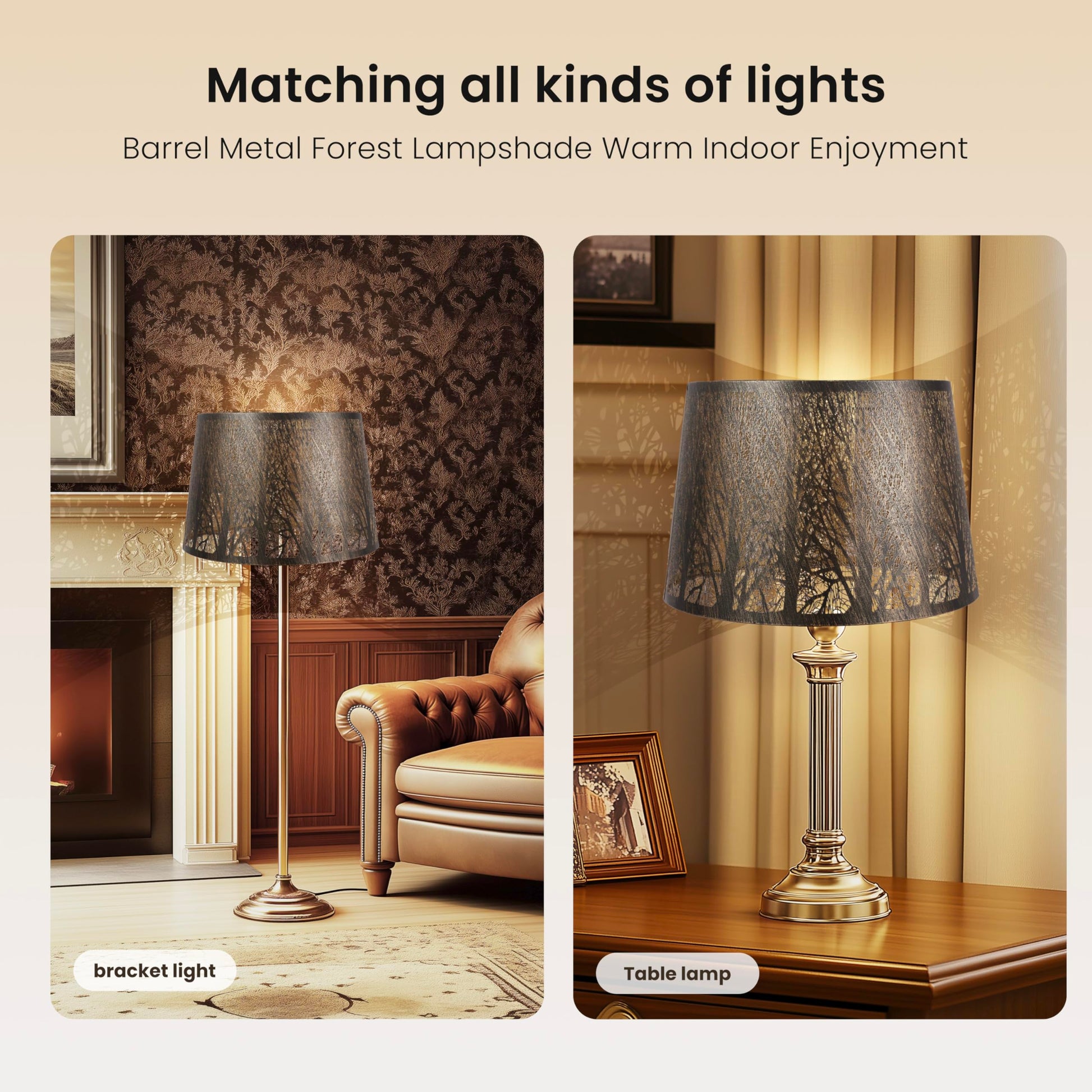 Drum tree etched metal lampshade size reference showing 10 by 12 by 8 inch dimensions for fixture compatibility