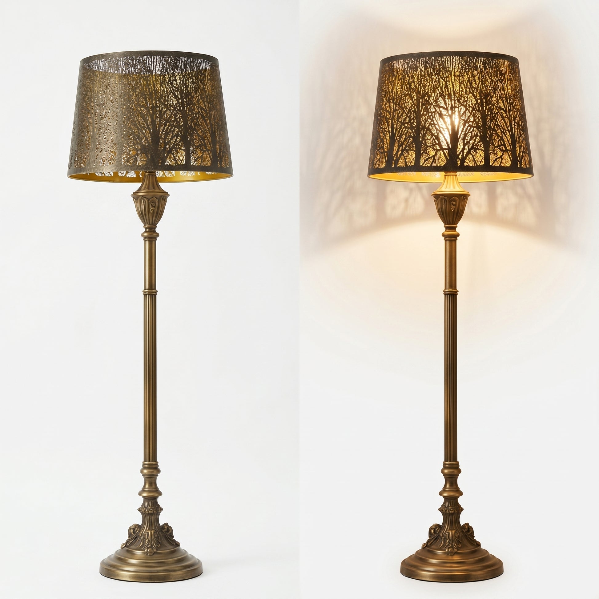 Drum Tree Etched Metal Lamp Shade - On/Off Comparison on Vintage Brass Floor Lamp Against White Background, Left View Shows Bronze Tree Pattern Exterior When Off, Right View Shows Warm Tree Shadow Projection with Gold Interior When Lit, 10" x 12" x 8" Replacement Shade for Floor Lamps and Table Lamps, Perfect for Modern and Vintage Interiors