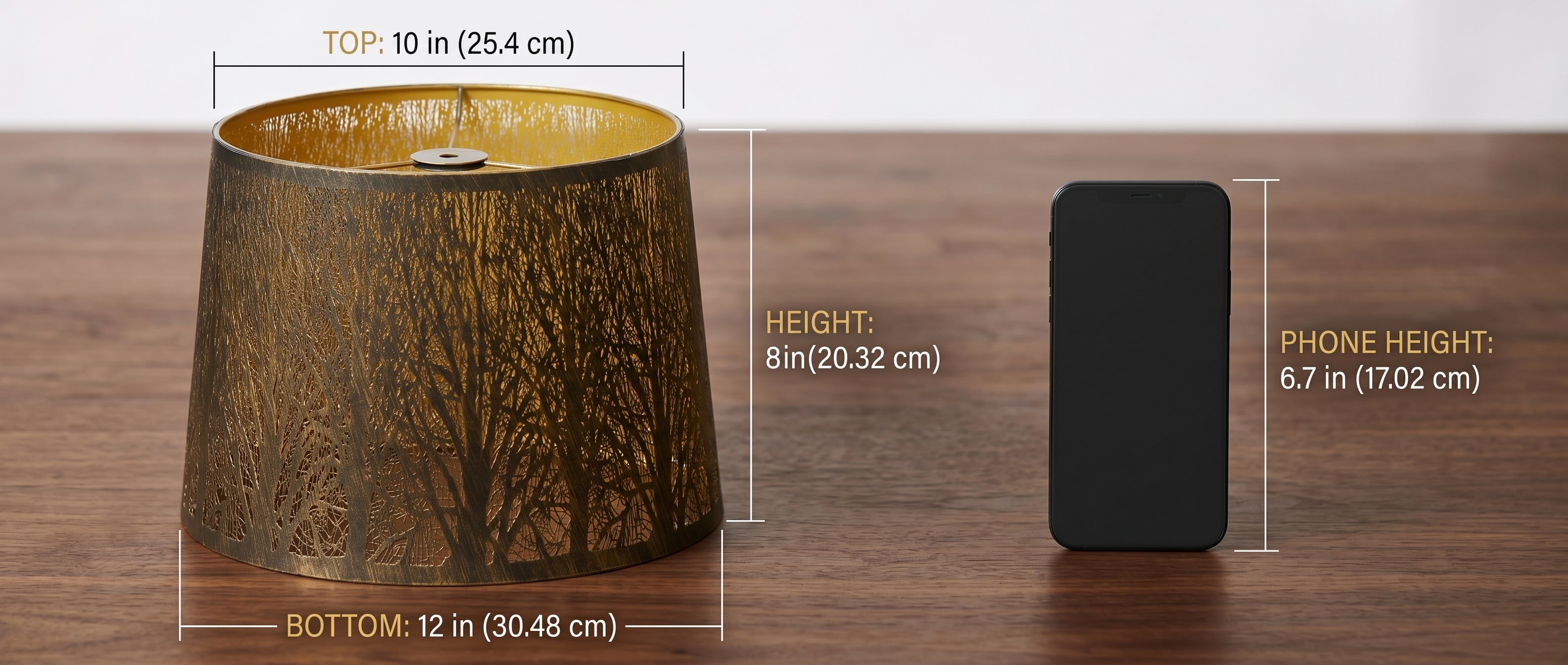 Drum Tree Etched Metal Lamp Shade Size Reference Chart - Top Diameter 10" (25.4cm), Bottom Diameter 12" (30.48cm), Height 8" (20.32cm), Compared to Standard 6.7" Smartphone (17.02cm), Matte Bronze Exterior with Detailed Etched Tree Pattern and Gold Interior with Spider Fitter, 10" x 12" x 8" Replacement Shade for Floor Lamps, Table Lamps, and Decorative Fixtures, Warm Ambient Lighting for Modern and Vintage Interiors
