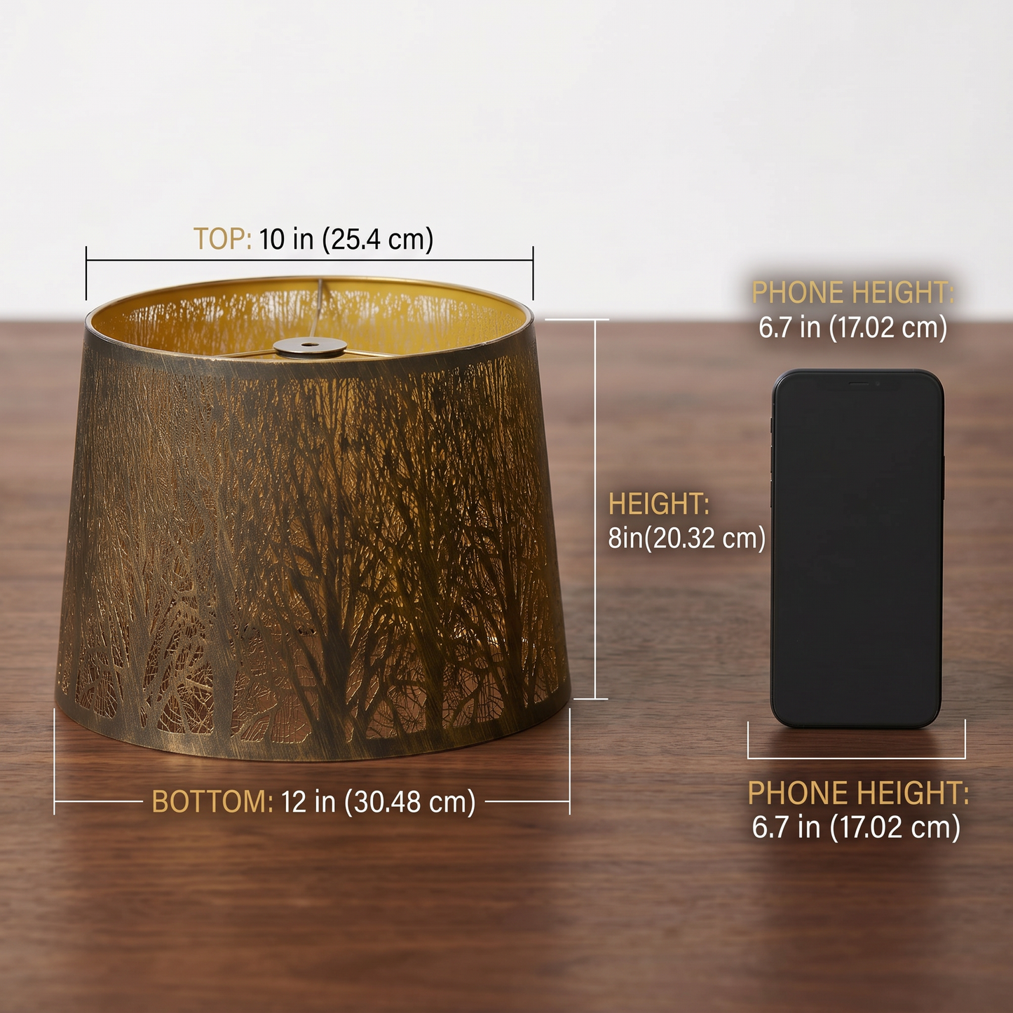 Drum Tree Etched Metal Lamp Shade Size Reference - Top Diameter 10" (25.4cm), Bottom Diameter 12" (30.48cm), Height 8" (20.32cm), Compared to Standard 6.7" Smartphone (17.02cm), Bronze/Gold Exterior with Detailed Etched Tree Pattern and Gold Interior, Replacement Shade for Table Lamps and Floor Lamps, Warm Ambient Lighting