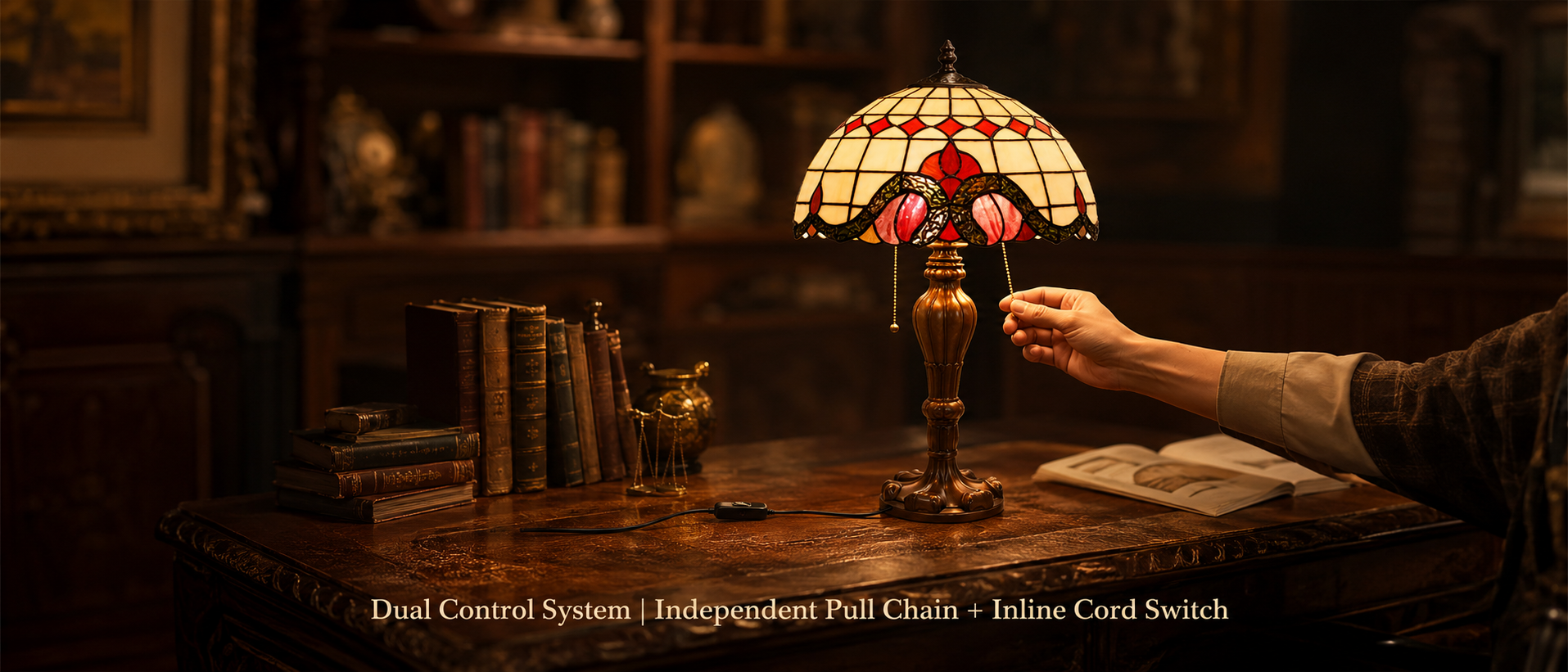 Vintage table lamp featuring dual control system with pull chain and inline cord switch operation