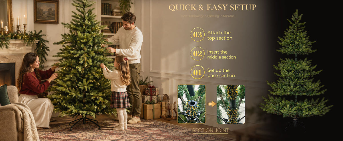 Family setting up a green artificial Christmas tree, with illustrated steps for attaching the base, middle, and top sections and connecting the tree joints.