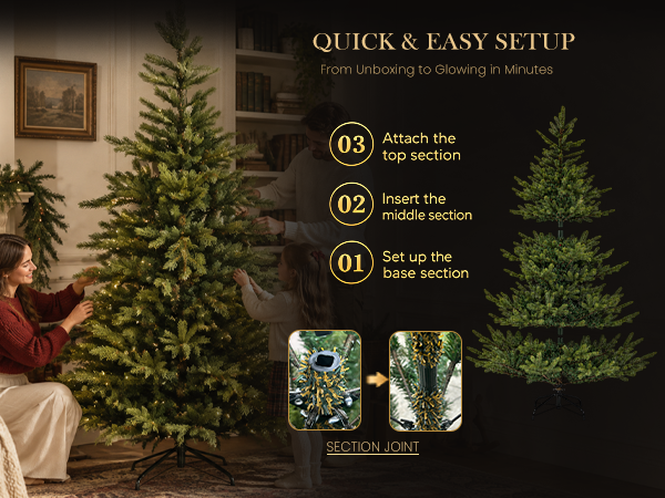 Family assembling a green artificial Christmas tree by connecting the base, middle, and top sections, with close-up illustrations of the tree section joints.