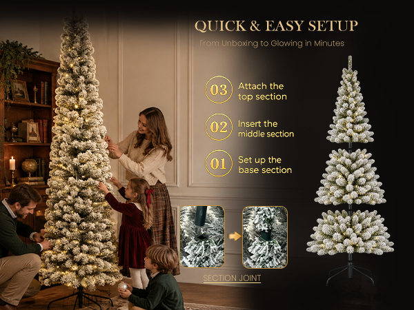 Family assembling a flocked pre-lit artificial Christmas tree at home, with step-by-step instructions for connecting the base, middle and top sections and a close-up of the tree section joint.
