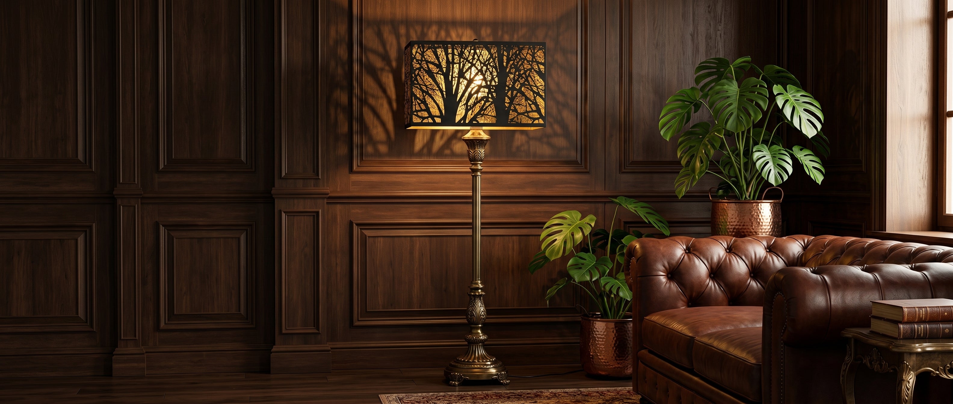 Rectangular Metal Lamp Shade on Ornate Brass Floor Lamp in Classic Dark Wood Paneled Living Room with Brown Chesterfield Tufted Leather Sofa, Two Large Copper or Hammered Bronze Planters with Lush Green Monstera Deliciosa Houseplants with Split Leaves, Antique Style Dark Wood and Gold Side Table with Stack of Leather Books, Vintage Oriental Pattern Rug, Natural Window Light from Side - Matte Black Metal Rectangle Shade with Intricate Laser-Cut Bare Tree Branch Forest Pattern, Warm Gold Interior Creates Rich