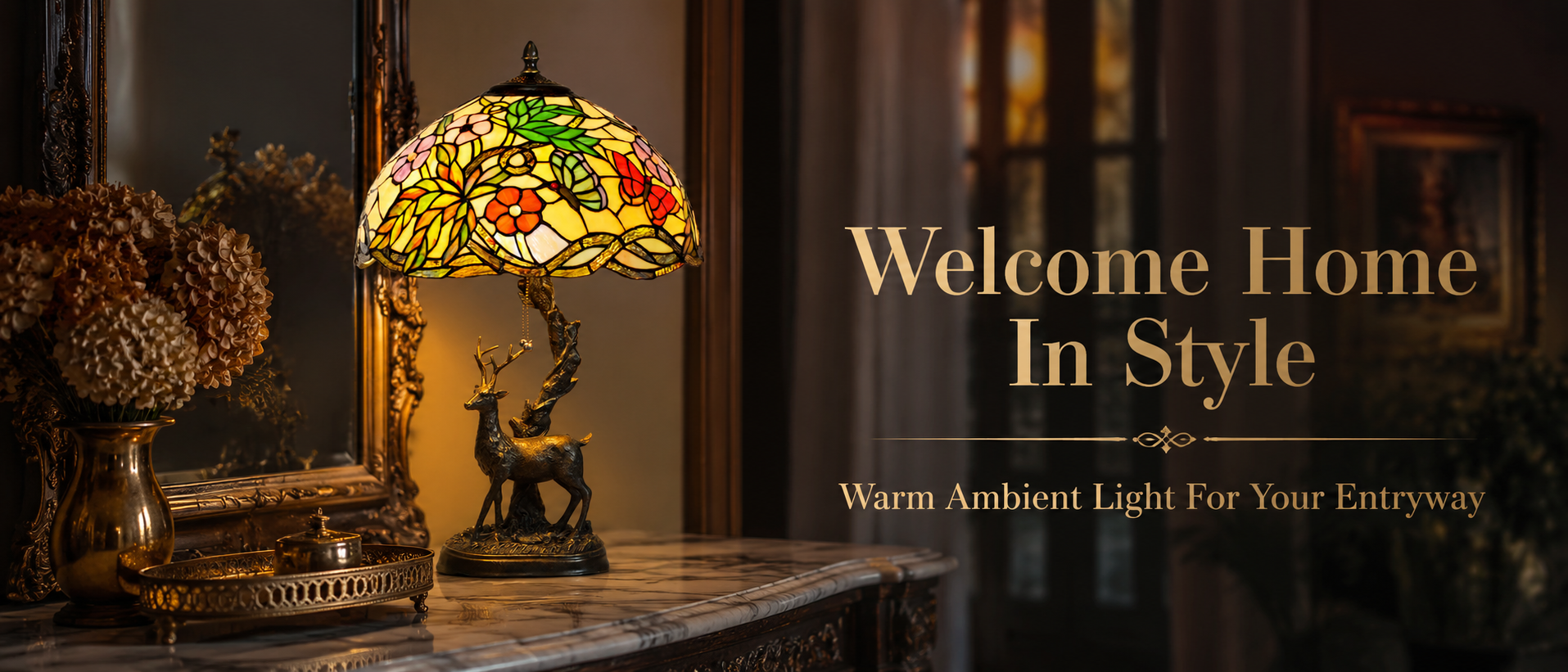 Elegant stained glass accent lamp providing warm ambient lighting for a sophisticated home entryway