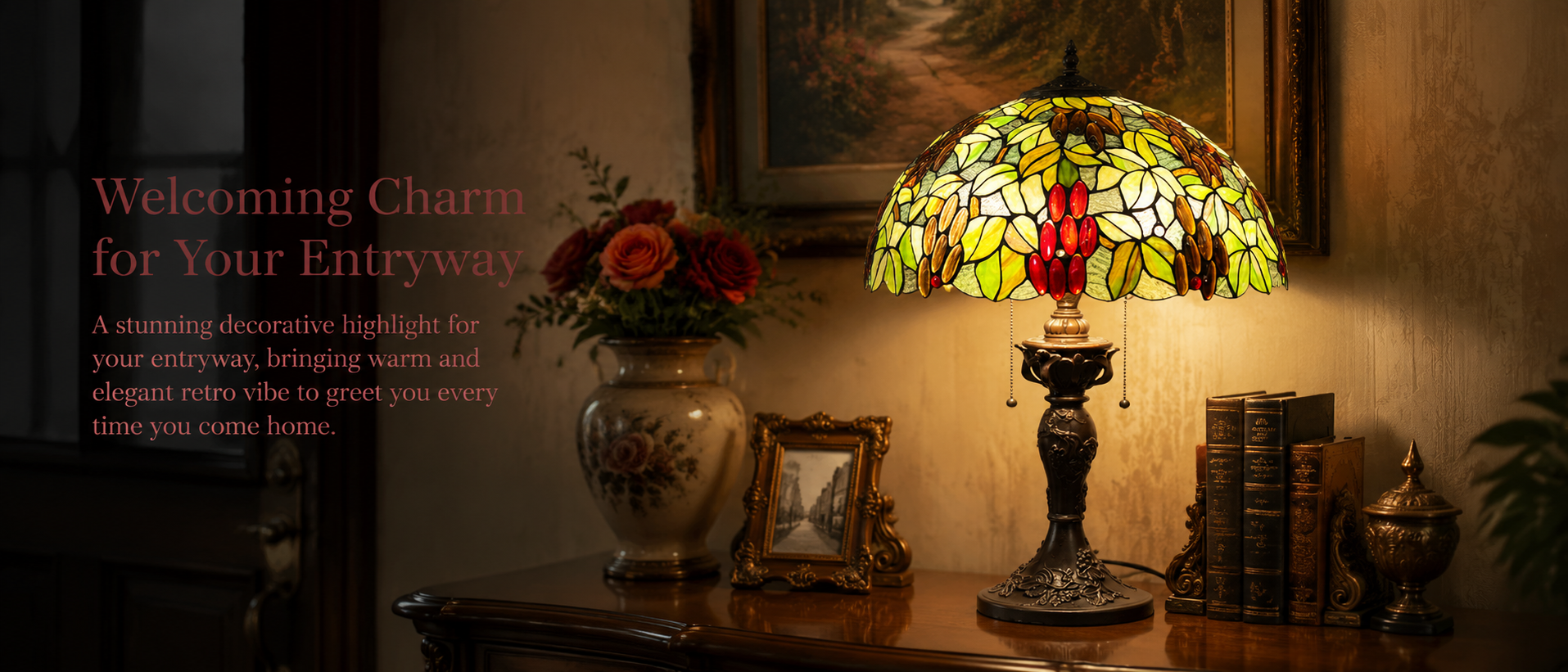 Vintage decorative table lamp creating a welcoming warm atmosphere in an elegant entryway interior