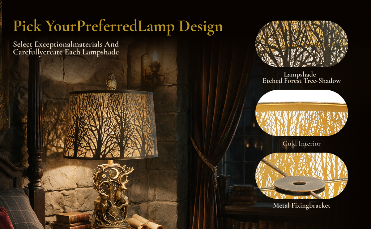 Antique bronze lamp shade details: etched forest tree-shadow pattern, gold interior, metal fixing bracket for table lamps