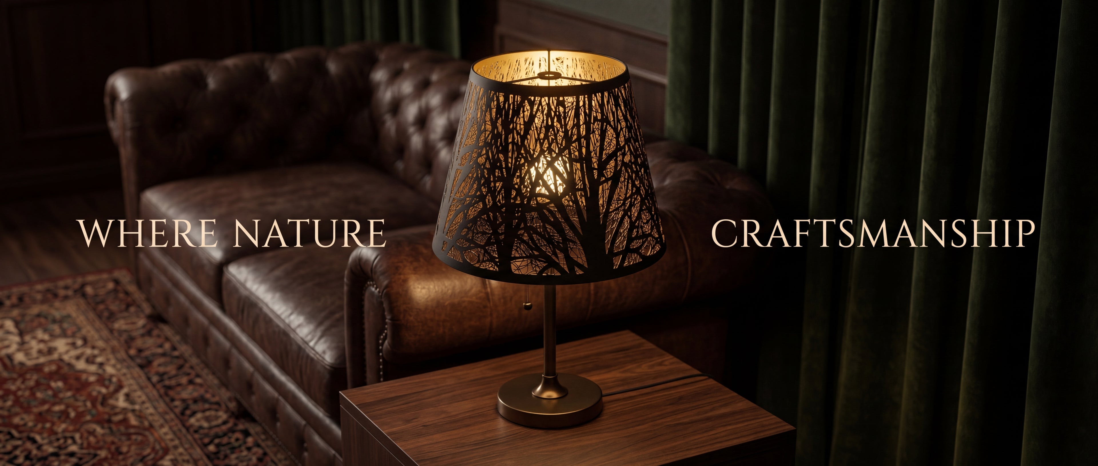 Small Metal Lamp Shade with Hand-Etched Forest Pattern - Black Exterior and Gold Interior on Brass Table Lamp in Living Room with Chesterfield Leather Sofa, Where Nature Meets Craftsmanship, 6"x10"x7.5" Spider Fitter Replacement Shade for Warm Ambient Lighting