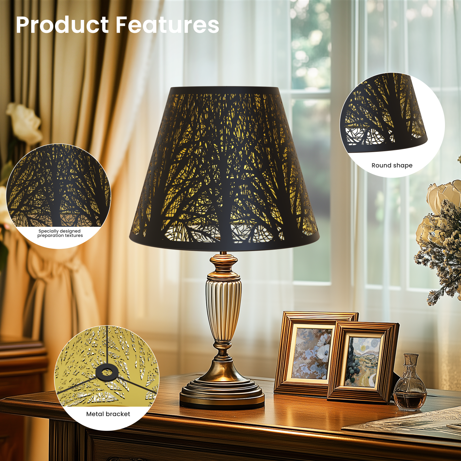 Close up of hand etched forest pattern on small metal lampshade highlighting decorative craftsmanship and textured surface
