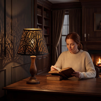 Small Metal Lamp Shade with Hand-Etched Forest Pattern on Vintage Wooden Table Lamp - Warm Ambient Lighting in Study Room with Fireplace and Bookshelf, Creates Stunning Tree Shadow Projection, 6"x10"x7.5" Spider Fitter Decorative Shade for Table Lamps and Bedside Lamps