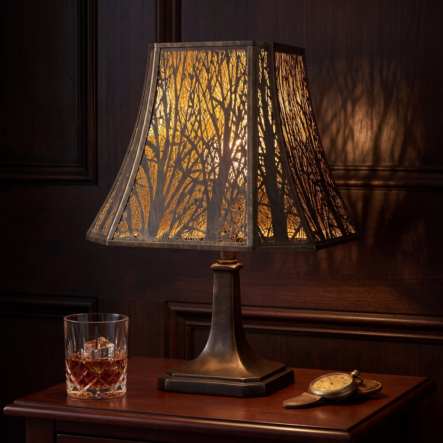 Black exterior gold interior etched tree bell lamp shade, decorative replacement lamp shade for table lamp and floor lamp, warm glow