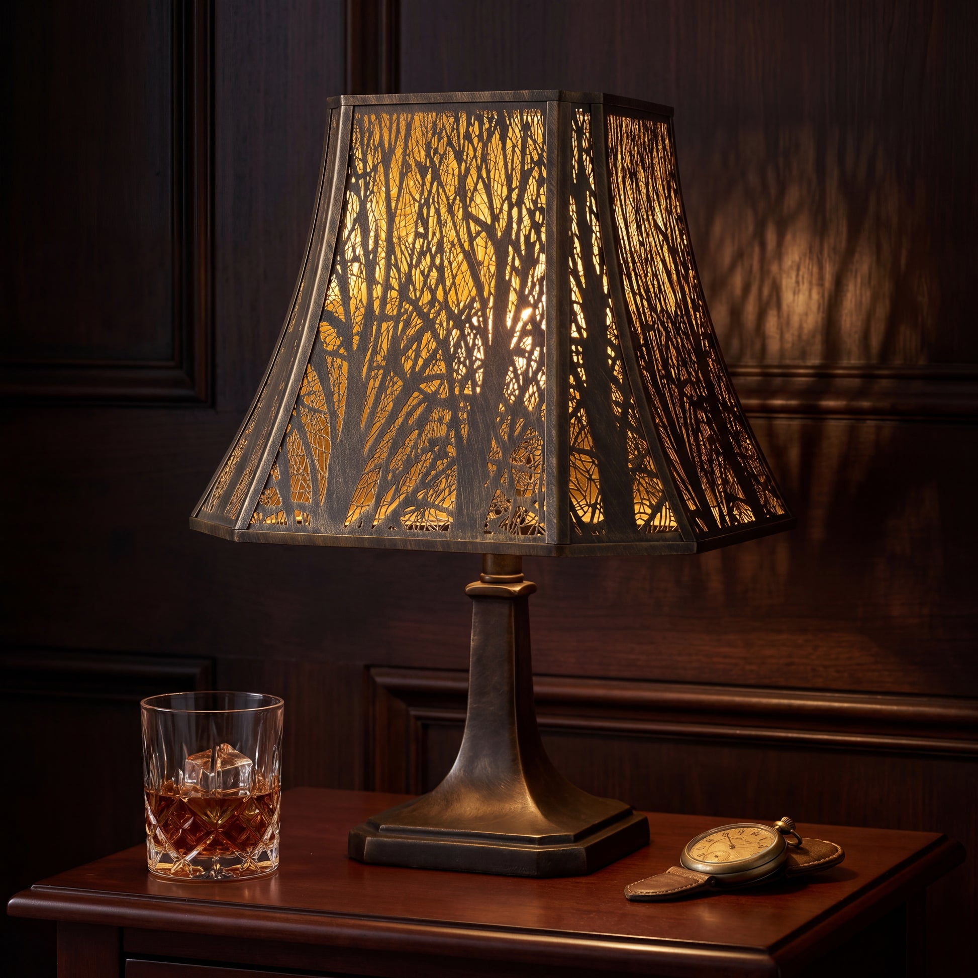 Black exterior gold interior etched tree bell lamp shade, decorative replacement lamp shade for table lamp and floor lamp, warm glow