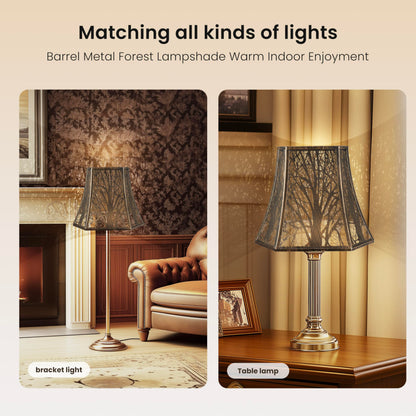 Etched tree metal lamp shade casting warm decorative light and shadow effect for ambient interior lighting