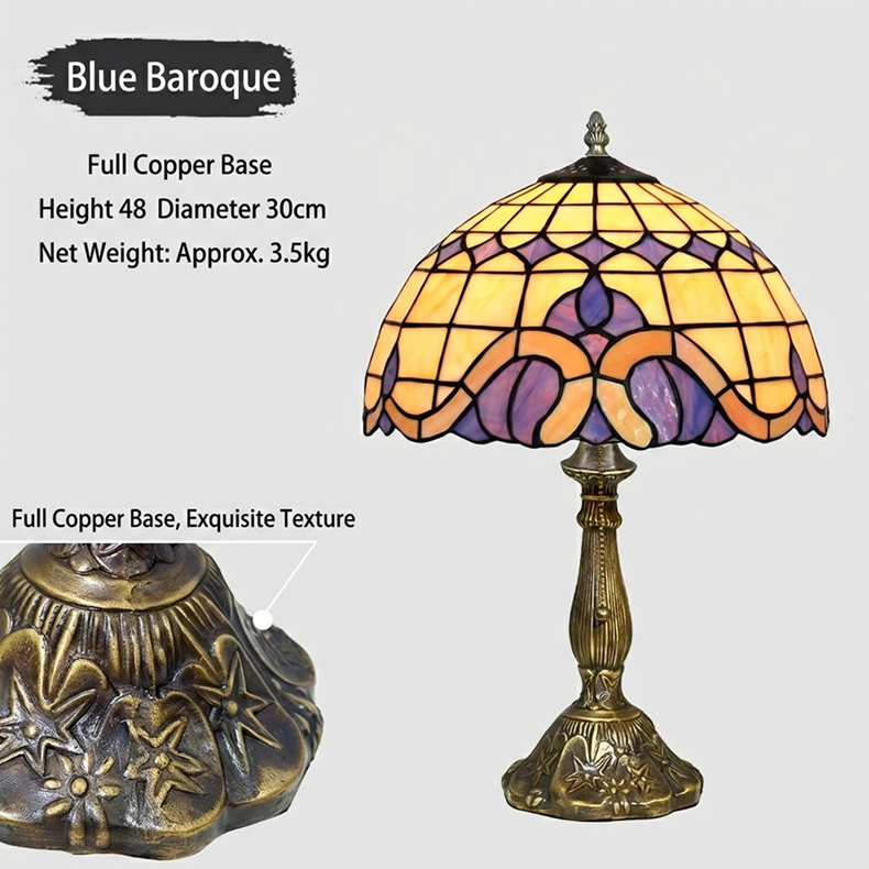 Blue Baroque Tiffany table lamp inspired by European palace décor with diamond stained glass and warm ambient glow