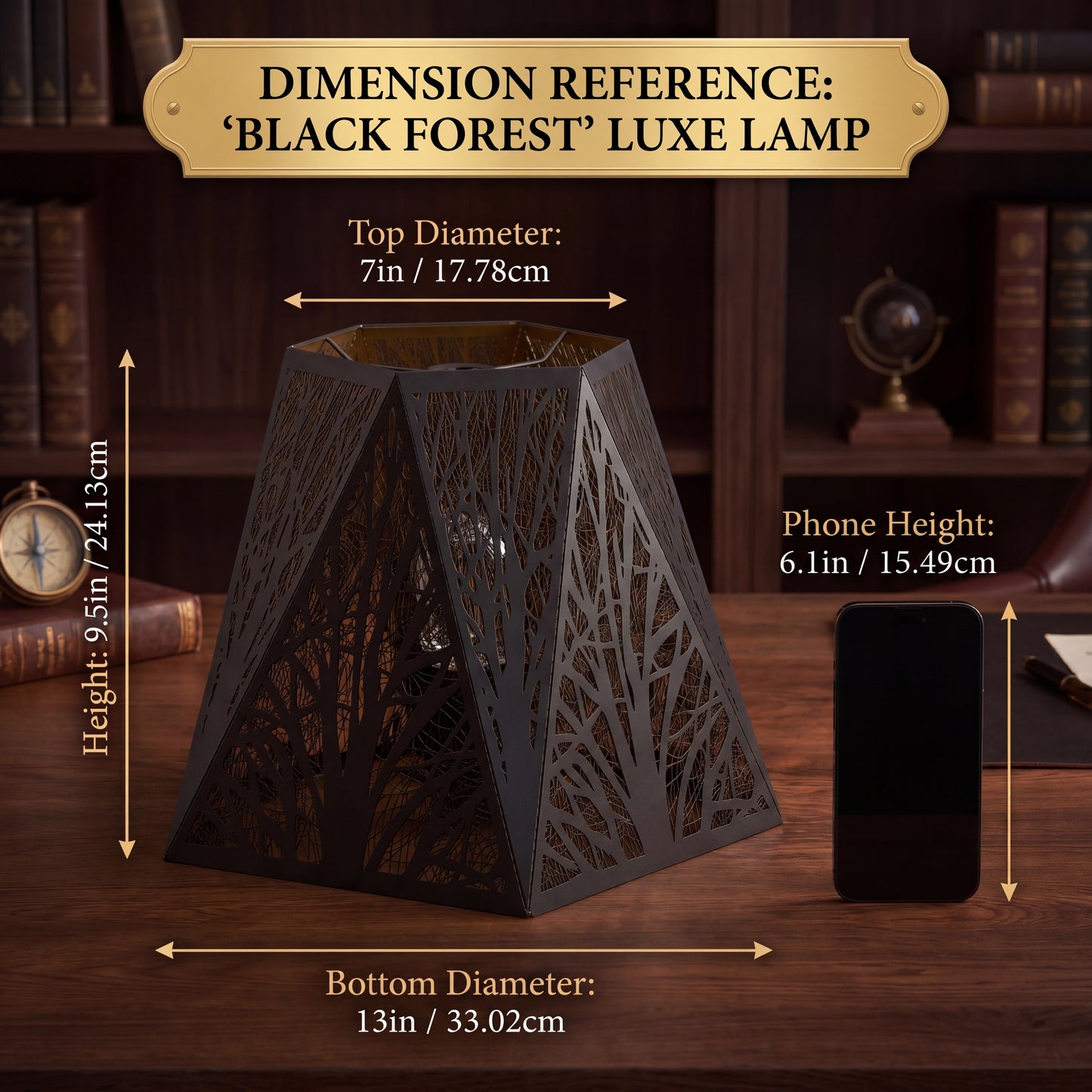 Hexagon Vintage Lamp Shade - Dimension Reference: Black Forest Luxe Lamp, Top Diameter 7 inches (17.78 cm), Bottom Diameter 13 inches (33.02 cm), Height 9.5 inches (24.13 cm), Phone Height Reference 6.1 inches (15.49 cm), Black Exterior with Gold Interior, Tree Forest Etched Metal Pattern, Spider Fitter, Replacement Lamp Shade for Table Lamps Floor Lamps and Vintage Lighting Fixtures, Warm Ambient Lighting