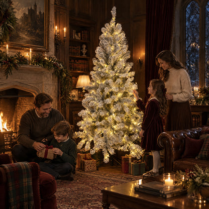 Family enjoying Christmas together beside a warm LED-lit white flocked artificial Christmas tree with wrapped gifts in a cozy living room with a fireplace.
