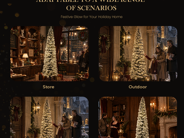 Pre-lit flocked artificial Christmas tree displayed in a retail store, outdoor entrance, company lobby and living room, showcasing versatile holiday decorating ideas for homes and commercial spaces.