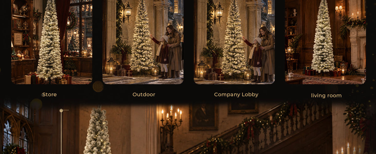 Pre-lit flocked artificial Christmas tree displayed in four holiday settings, including a retail store, outdoor entrance, company lobby and living room.