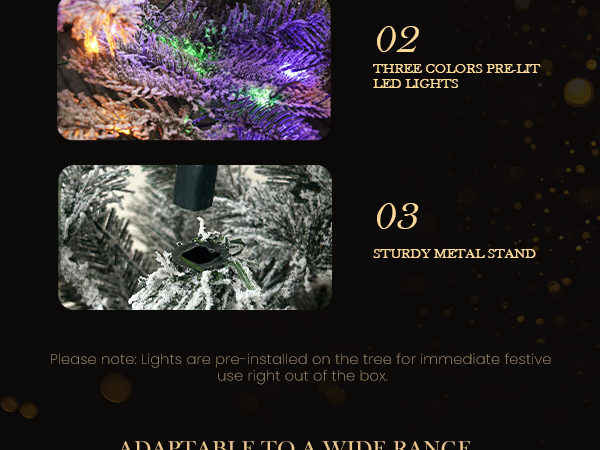 White flocked Christmas tree detail images showing three-color pre-lit LED lights, a sturdy metal stand, and the tree's branch connection structure.