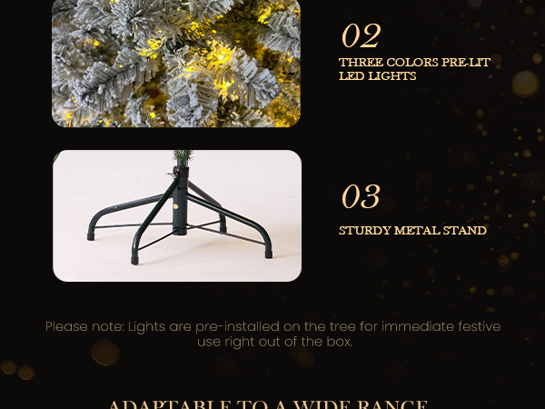 Close-up details of a flocked artificial Christmas tree featuring snow-covered hinged branches, pre-installed LED string lights and a sturdy metal stand for stable holiday display.