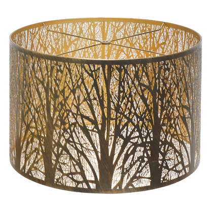 Floor lamp lamp shades in antique bronze metal with forest cutout design and warm gold interior