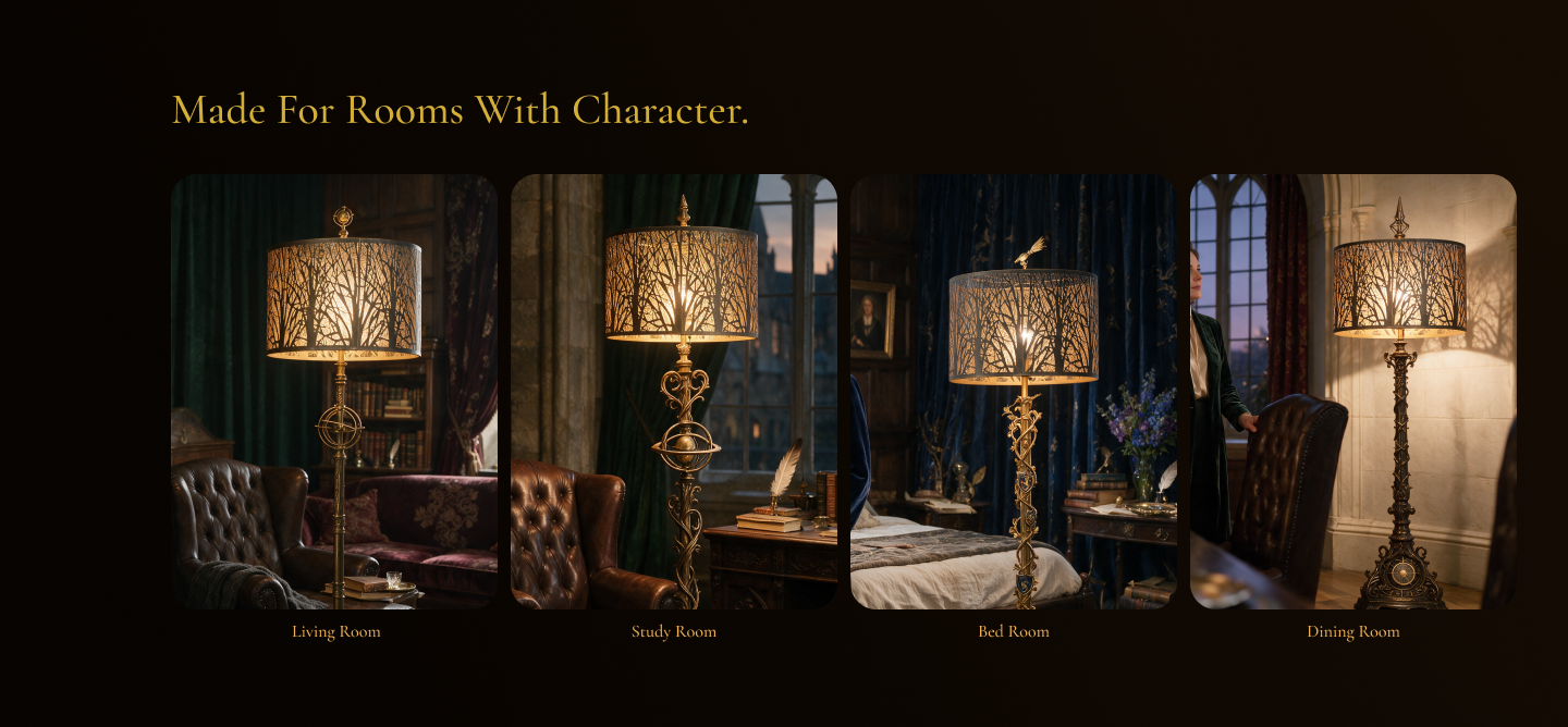 Floor lamp lamp shades displayed in living room, study room, bedroom, and dining room interiors.