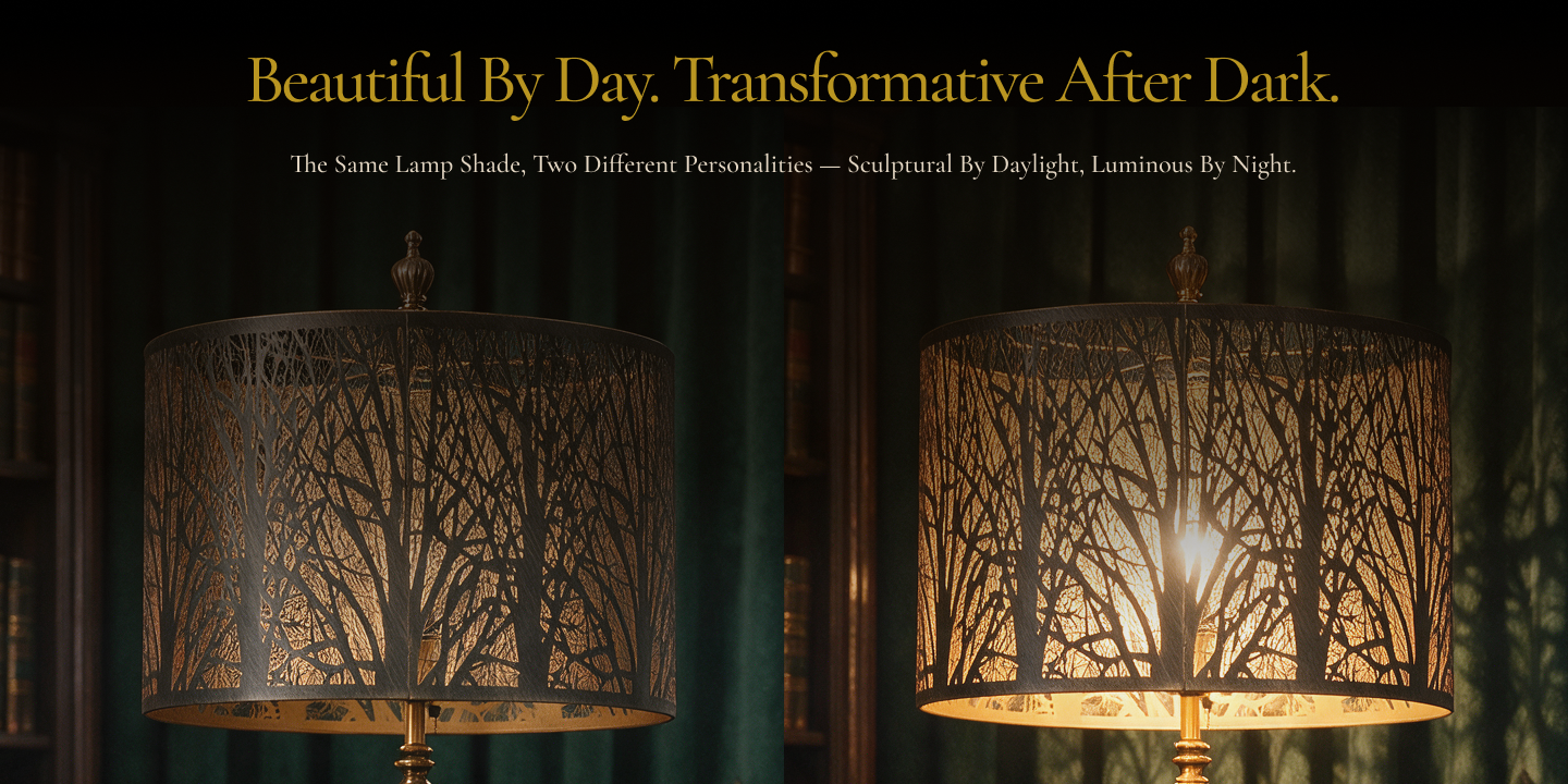 Floor lamp lamp shades showing decorative tree shadows and warm ambient glow when illuminated.