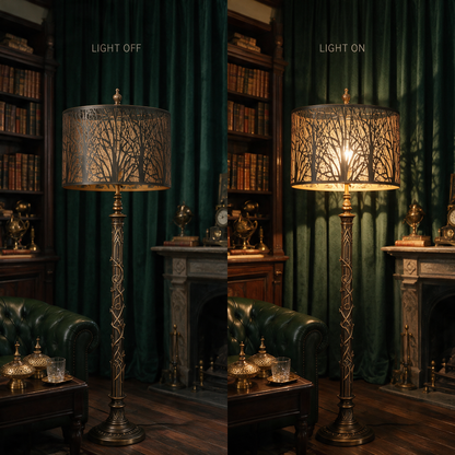 Floor lamp lamp shades light on and off comparison showing the warm glow and decorative forest shadow effect