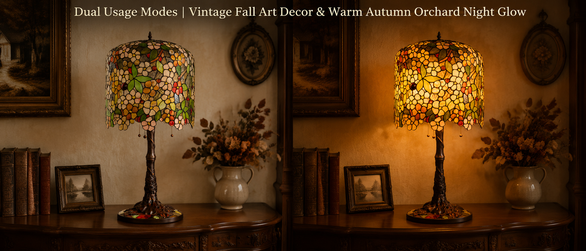 Floral Fruit Tiffany lamp showing off and on lighting effect with warm amber illumination through handmade stained glass panels