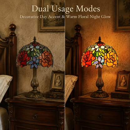 Dual color floral table lamp shown off and illuminated, revealing vivid rose colors and warm ambient bedroom lighting
