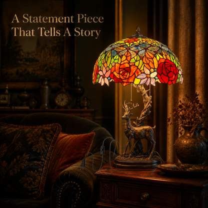 Floral stained glass table lamp creating cozy reading corner lighting with vintage decorative style