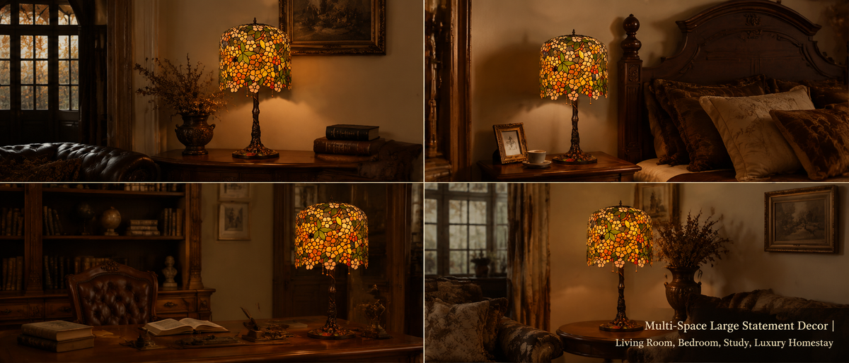 Floral Tiffany bedside lamp styled in bedroom, study and living room spaces as elegant vintage accent lighting