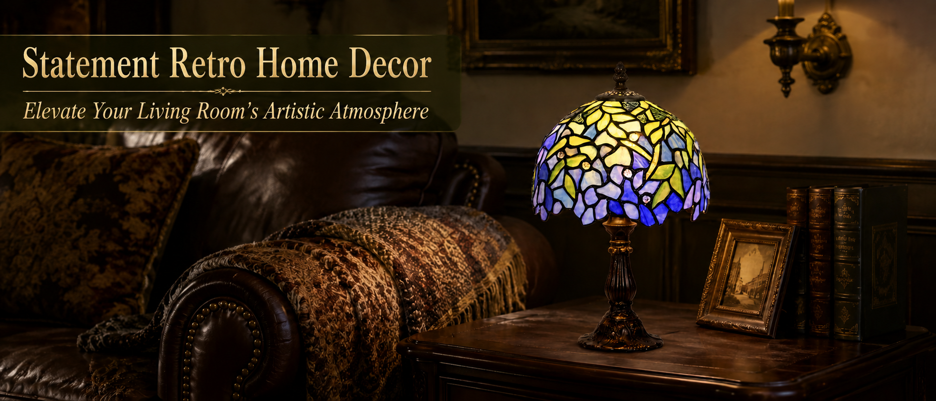 Floral Tiffany style table lamp glowing beside a leather sofa as an elegant vintage accent for a classic living room