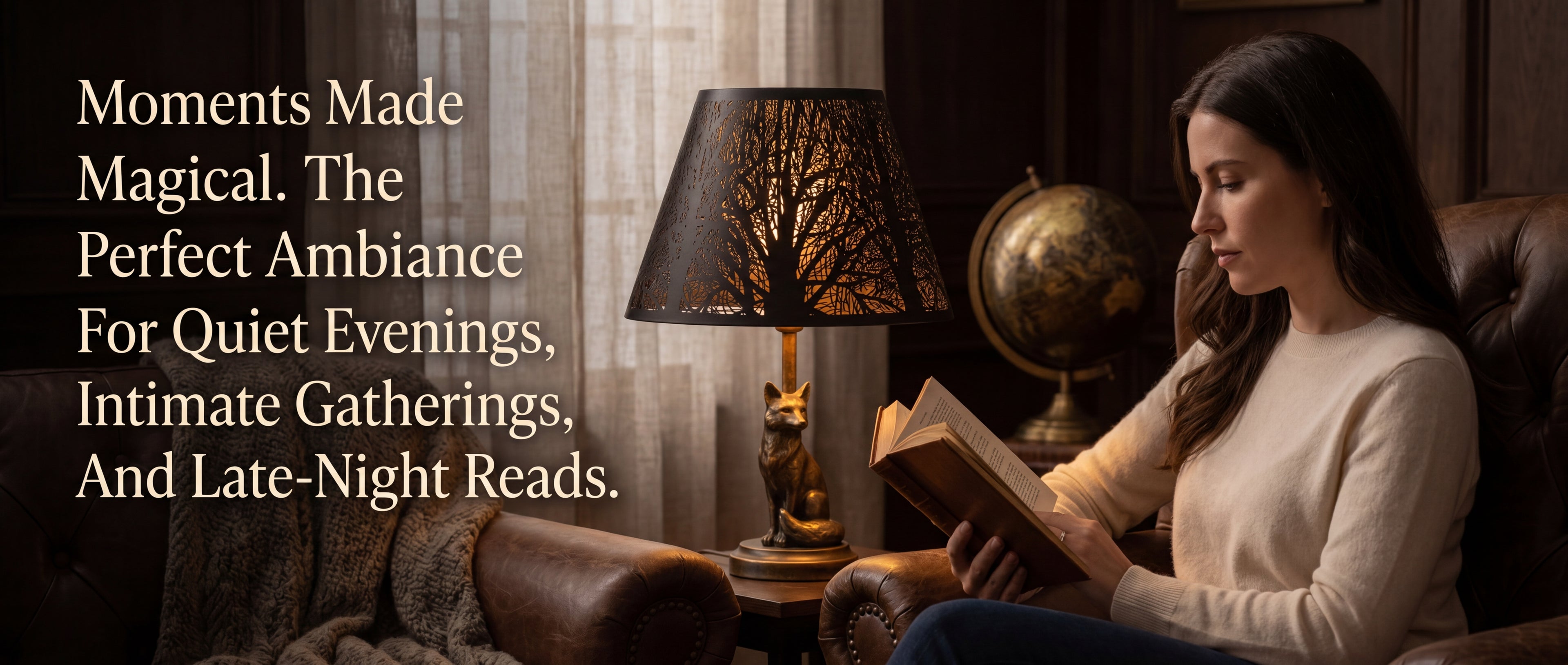 Modern Forest Etched Metal Lamp Shade - "Moments Made Magical, The Perfect Ambiance for Quiet Evenings, Intimate Gatherings, and Late-Night Reads" - on Decorative Fox Statue Lamp Base in Cozy Living Room with Chesterfield Leather Sofa, Plaid Throw Blanket, Vintage Globe, Woman Reading Leather Book, Soft Window Light Through Sheer Curtains - Black Metal Exterior Casts Beautiful Tree Branch and Leaf Shadow Projection, Gold Interior Creates Warm Ambient Glow - 7"x13"x7.8" Replacement Shade for Floor Lamps, Tab