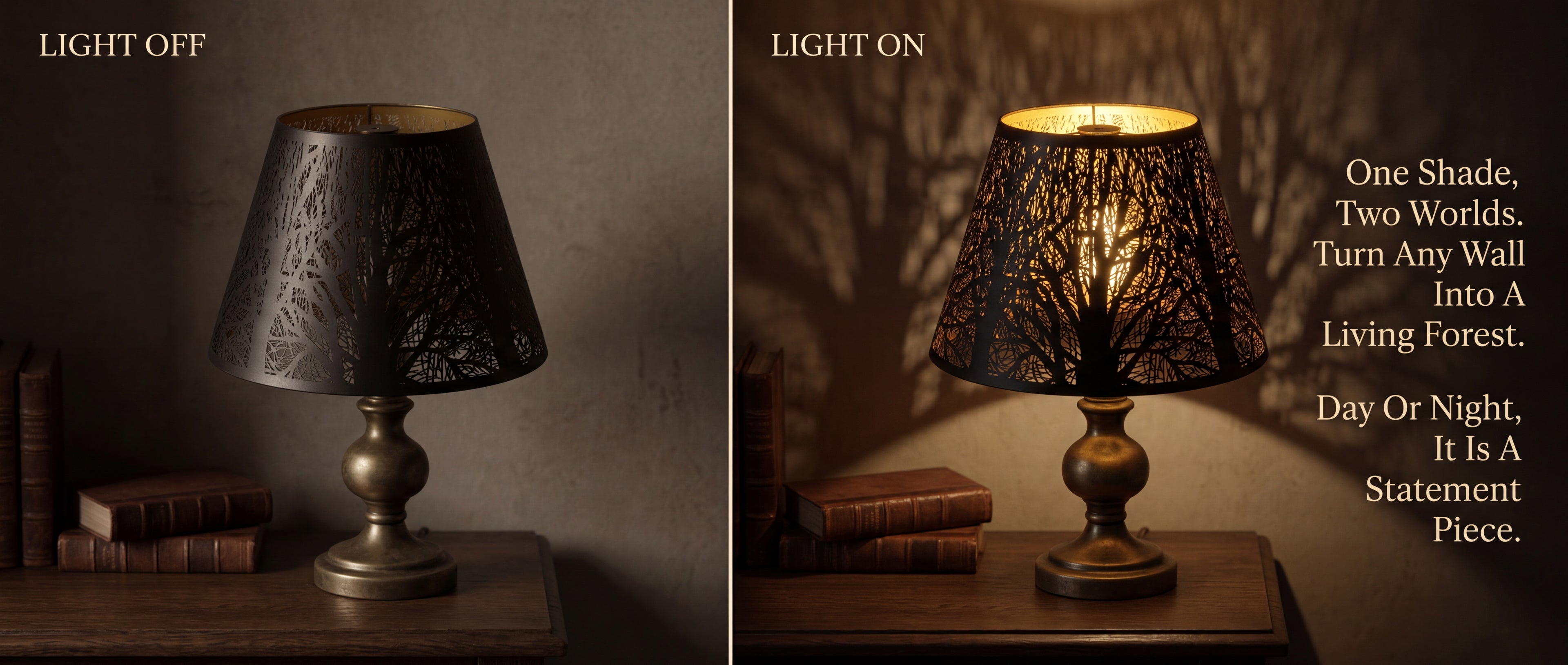 Modern Forest Etched Metal Lamp Shade - ON/OFF Comparison on Vintage Brass Table Lamp with Antique Leather Books - Left (Light Off) Shows Intricate Laser-Cut Black Metal Tree Pattern Exterior Against Neutral Wall, Right (Light On) Reveals Warm Gold Interior Transforming Any Wall Into A Living Forest with Dramatic Tree Branch and Leaf Shadow Projection - "One Shade, Two Worlds, Turn Any Wall Into A Living Forest, Day or Night, It Is A Statement Piece" - 7" x 13" x 7.8" Replacement Shade for Table Lamps, Floo