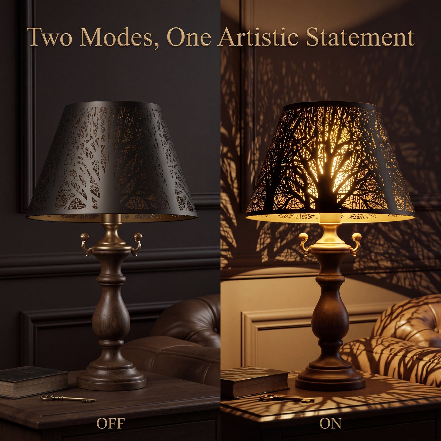 Modern Forest Etched Metal Lamp Shade - Two Modes, One Artistic Statement - ON/OFF Comparison on Vintage Wood and Brass Table Lamp in Classic Study with Leather Sofa, Left (OFF) Shows Intricate Black Tree Pattern Exterior, Right (ON) Reveals Warm Gold Interior Casting Beautiful Tree Branch and Leaf Shadow Projection on Wall and Furniture, 7" x 13" x 7.8" Replacement Shade for Table Lamps, Floor Lamps, Decorative Fixtures, Enhances Modern and Vintage Interiors with Warm Ambient Lighting