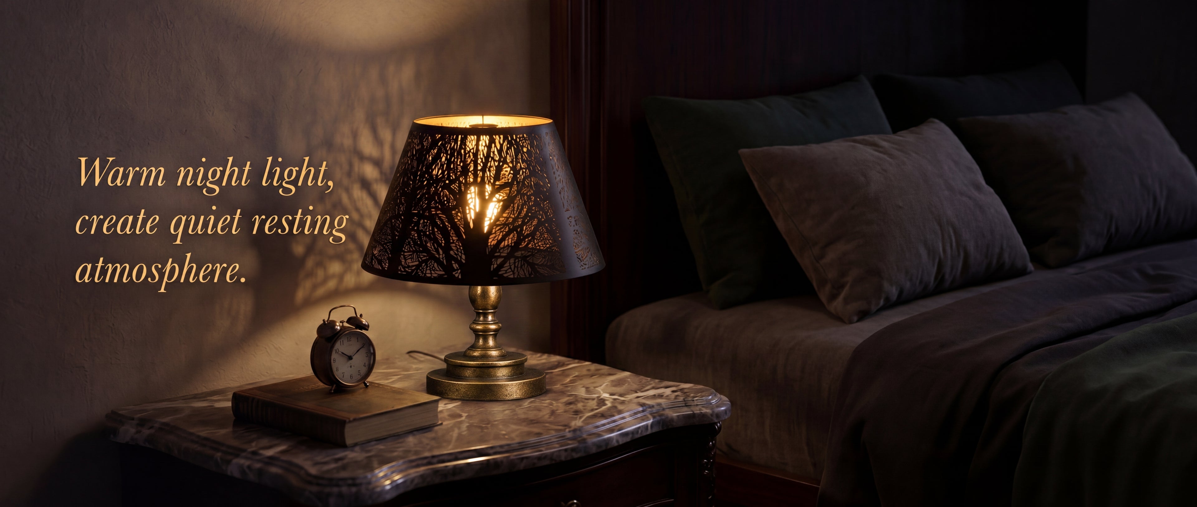 Modern Forest Etched Metal Lamp Shade on Vintage Brass Table Lamp - "Warm Night Light, Create Quiet Resting Atmosphere" - on Marble Top Nightstand with Antique Alarm Clock and Leather Book in Elegant Dark Bedroom with Dark Green and Grey Velvet Pillows, Black Metal Exterior with Intricate Tree Pattern Casts Beautiful Branch and Leaf Shadow Projection on Warm Wall, Gold Interior Creates Soft Cozy Ambient Glow, 7"x13"x7.8" Replacement Shade for Table Lamps, Bedside Lamps, Floor Lamps, Decorative Fixtures, Enh