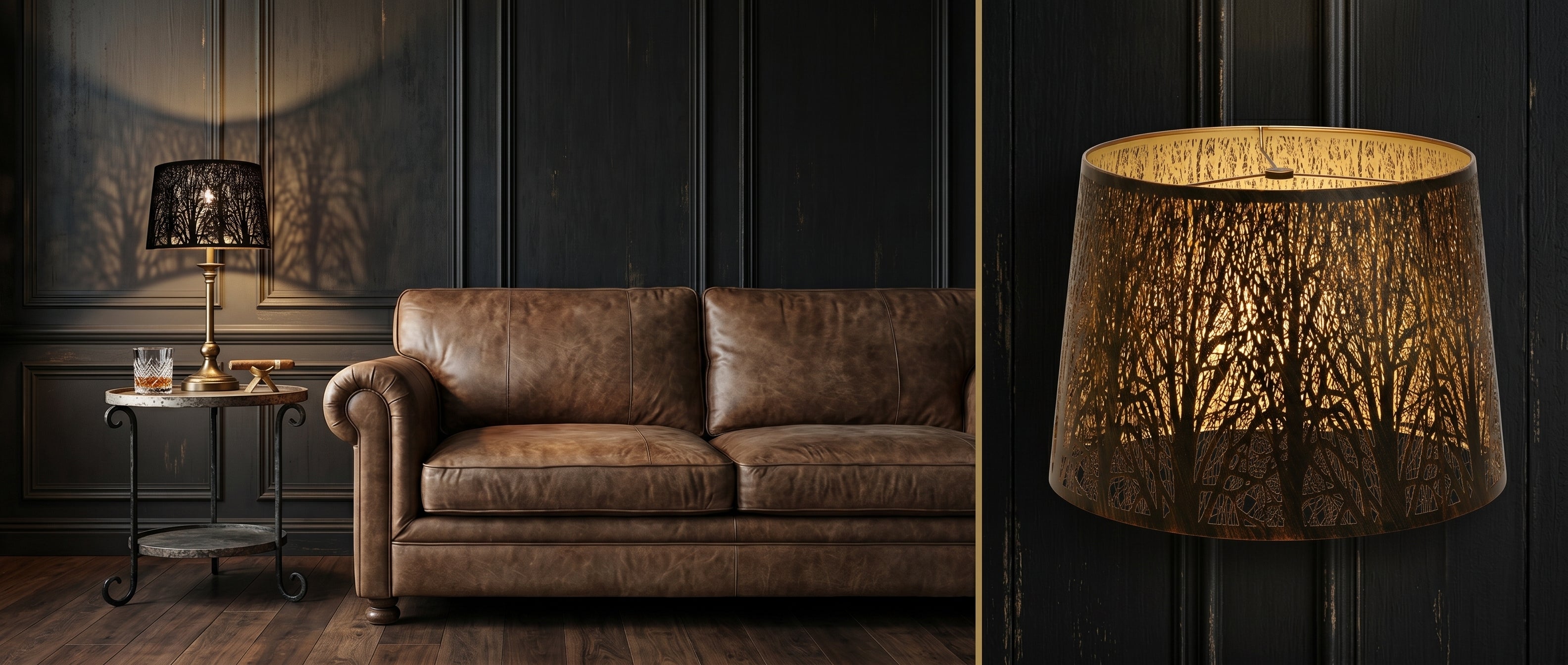 Large Forest Etched Metal Lamp Shade Two-Panel Presentation - Left Panel: Shade on Slender Brass or Antique Bronze Table Lamp with Decorative Flared Stem Placed on Elegant Two-Tier Round Side Table or End Table with Wrought Iron Scrollwork Metal Frame and Marble or Light Grey Stone Top in Modern Vintage Living Room with Brown Distressed Chesterfield Tufted Leather Sofa, Beautiful Intricate Forest Tree Branch Shadow Projection Cast on Black or Charcoal Wood Panel Wall Behind, Desk Decor Includes Crystal Old-