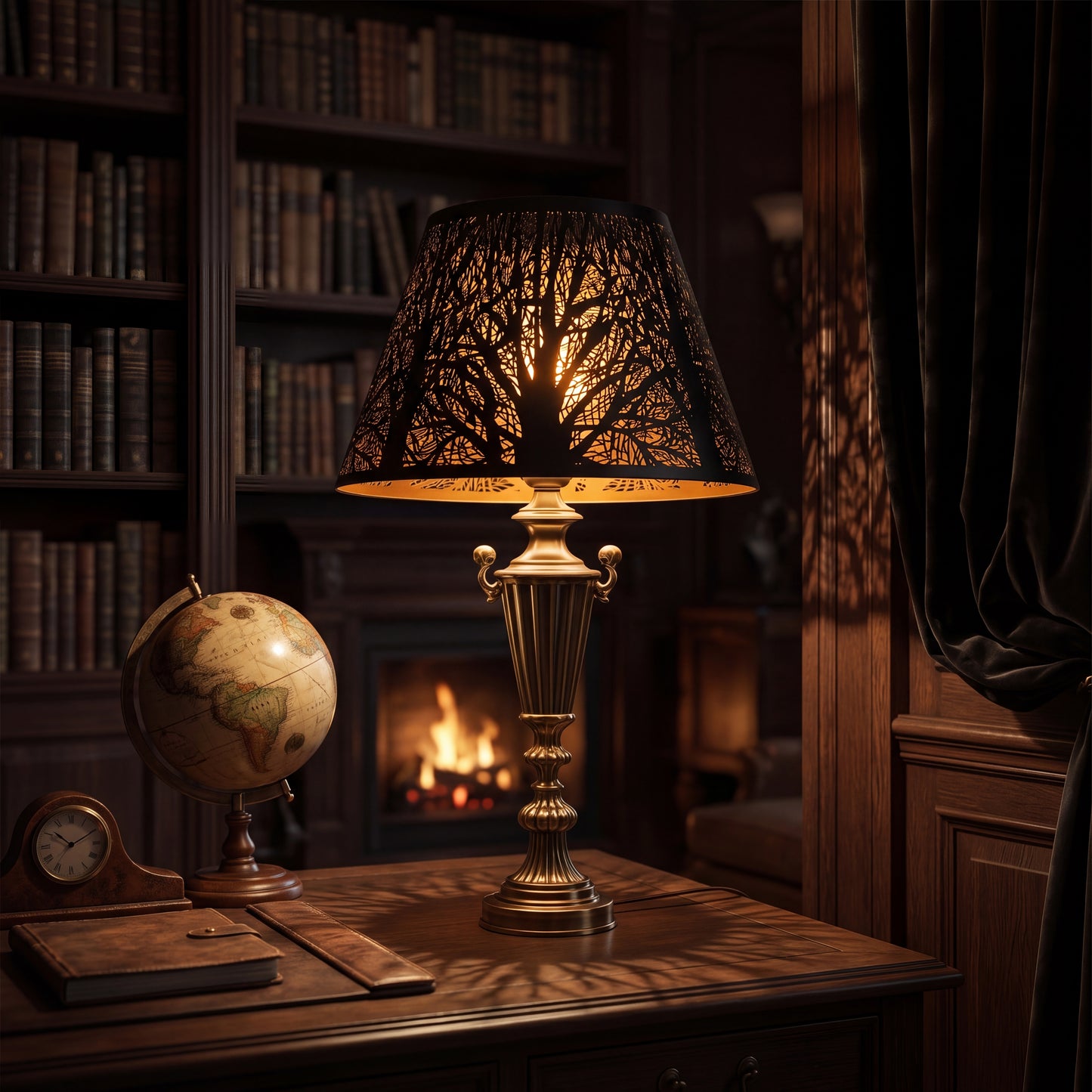 Modern Forest Etched Metal Lamp Shade on Ornate Brass Table Lamp in Vintage Study - Decorative Study with Antique Globe, Vintage Clock, Leather Books, Wood Desk Fireplace, Black Exterior with Gold Interior Casting Intricate Tree Branch and Leaf Shadow Projection on Wood Paneling, 7"x13"x7.8" Replacement Shade for Table Lamps, Floor Lamps, Decorative Fixtures, Warm Ambient Lighting for Modern and Vintage Interiors