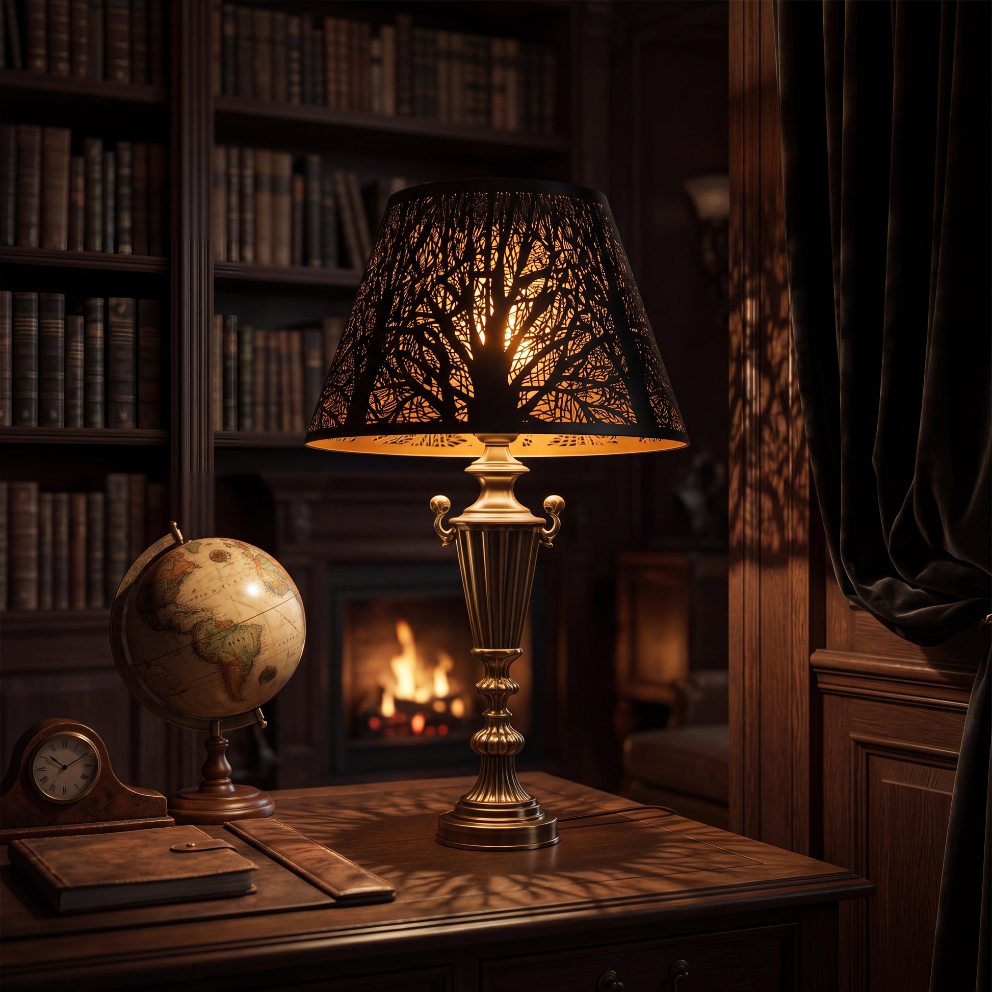 Modern Forest Etched Metal Lamp Shade on Ornate Brass Table Lamp in Vintage Study - Decorative Study with Antique Globe, Vintage Clock, Leather Books, Wood Desk Fireplace, Black Exterior with Gold Interior Casting Intricate Tree Branch and Leaf Shadow Projection on Wood Paneling, 7"x13"x7.8" Replacement Shade for Table Lamps, Floor Lamps, Decorative Fixtures, Warm Ambient Lighting for Modern and Vintage Interiors